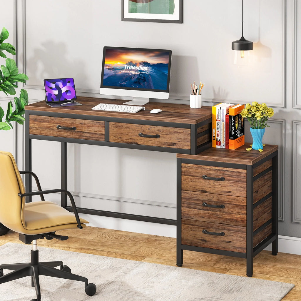 Rustic Brown Reversible Computer Desk with 5 Drawers K559699