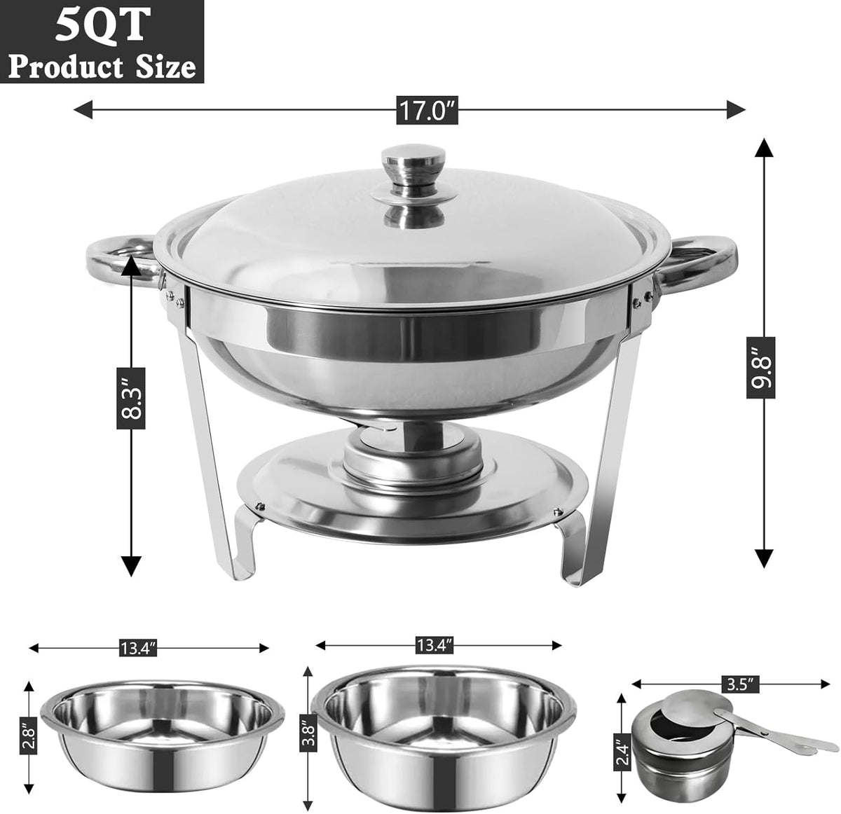 5 Qt Stainless Steel Round Chafing Dish Buffet Set 6 Pack C889242