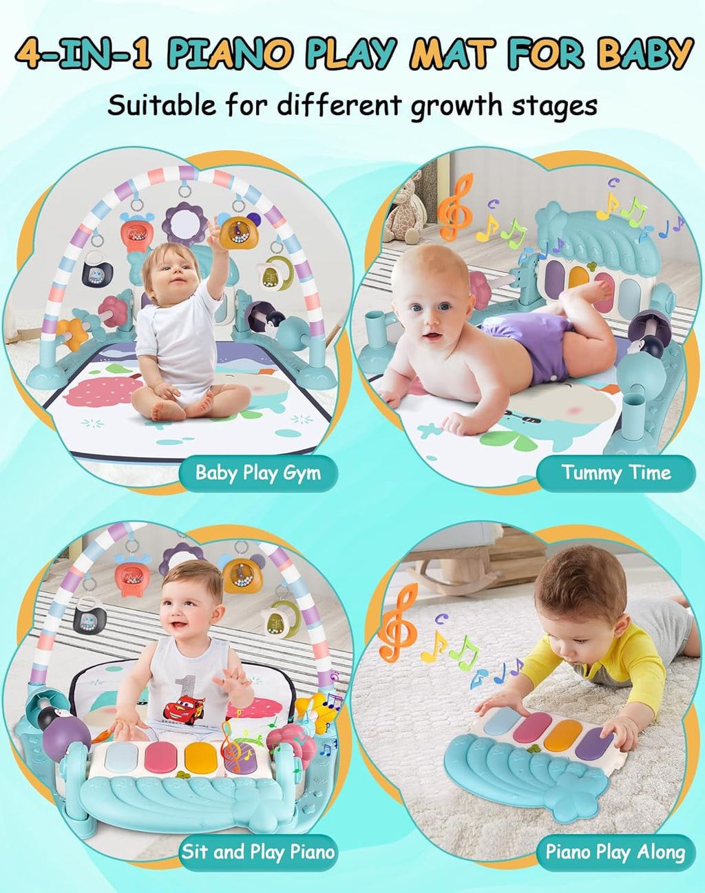 Blue Foldable Tummy Time Play Mat with Piano Gym G92890