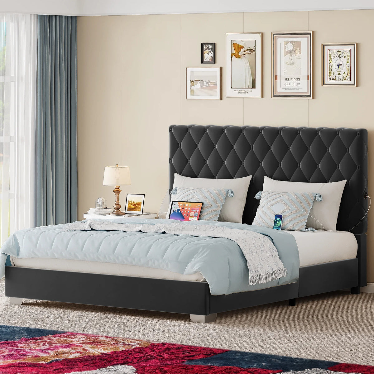 Beige Queen Size Upholstered Platform Bed Frame with Tufted Headboard P3792