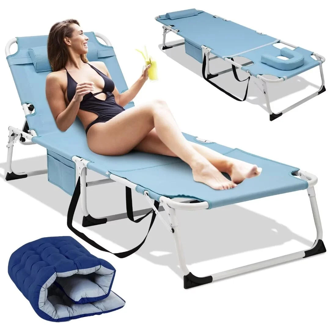 Adjustable 5-Position Folding Chaise Lounge Chair with Mattress and Pillow V467120