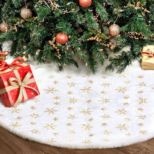 Christmas Tree Skirt 36 Inch Plush Gold Sequin Snowflake V619