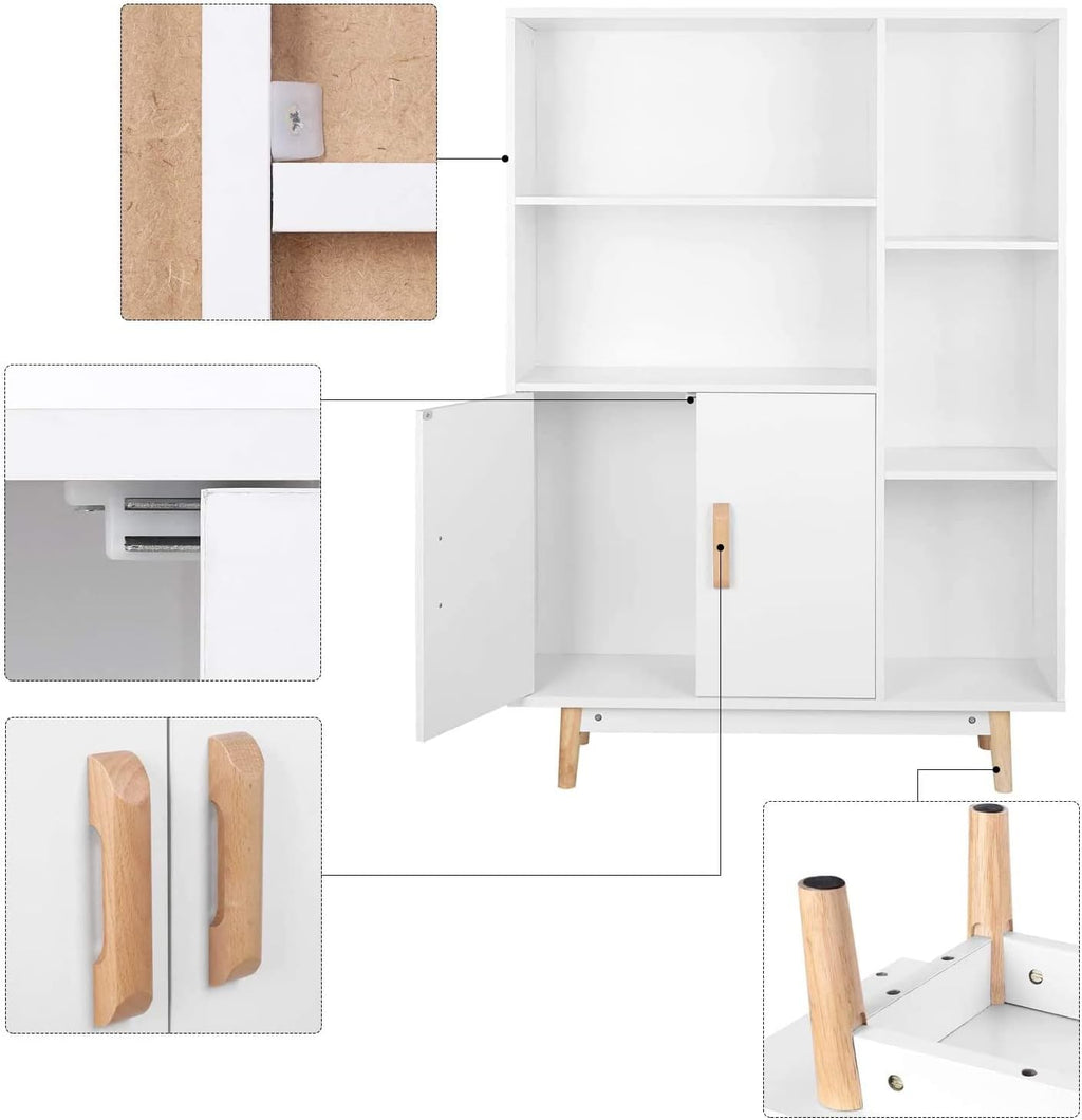 White 2-Tier Bookshelf with 2 Doors 3 Cubes T7537