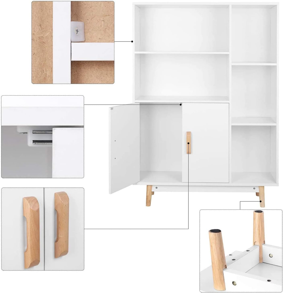White 2-Tier Bookshelf with 2 Doors 3 Cubes T7537