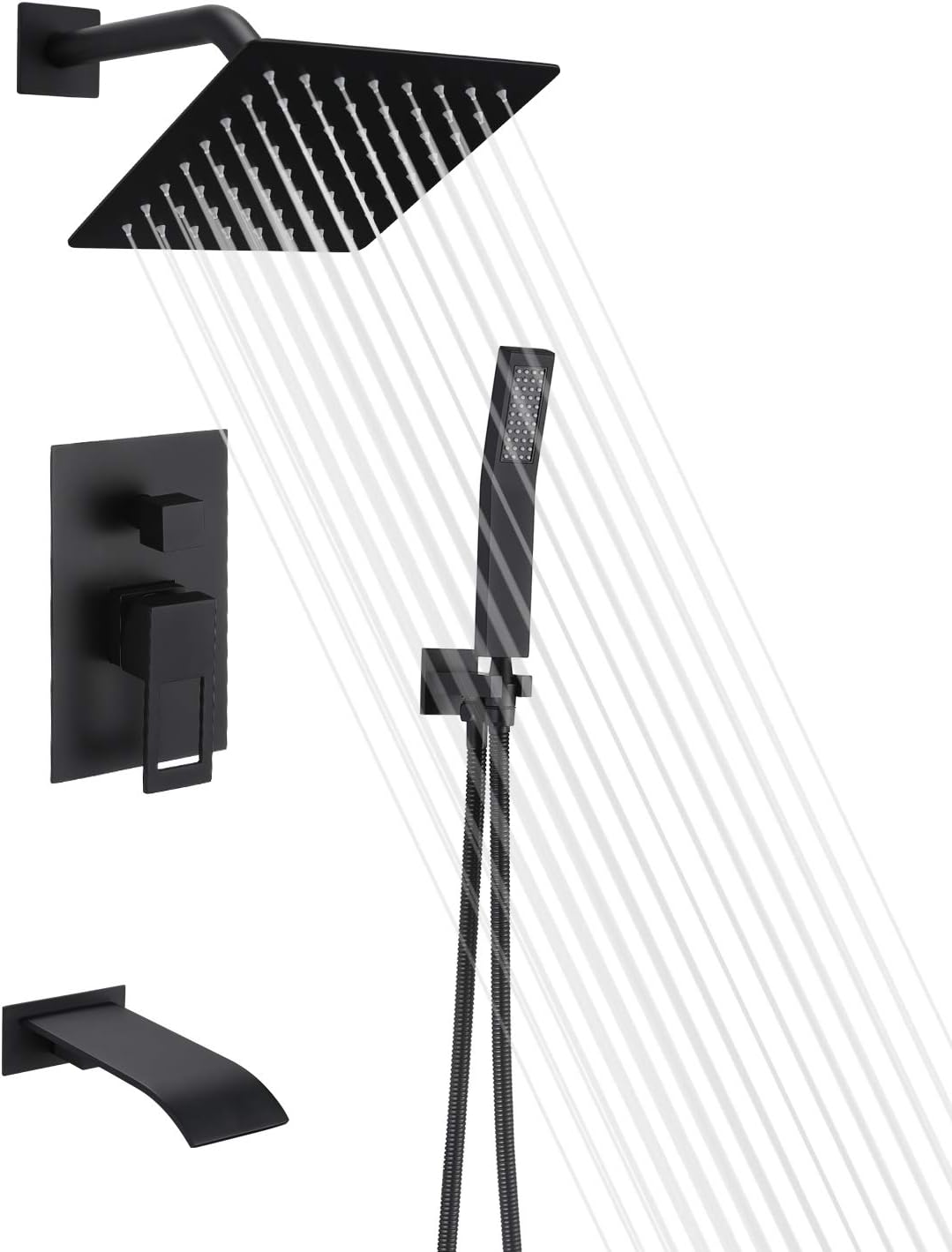 Matte Black Shower Faucet Set with Tub Spout and Handheld Shower Head B4802