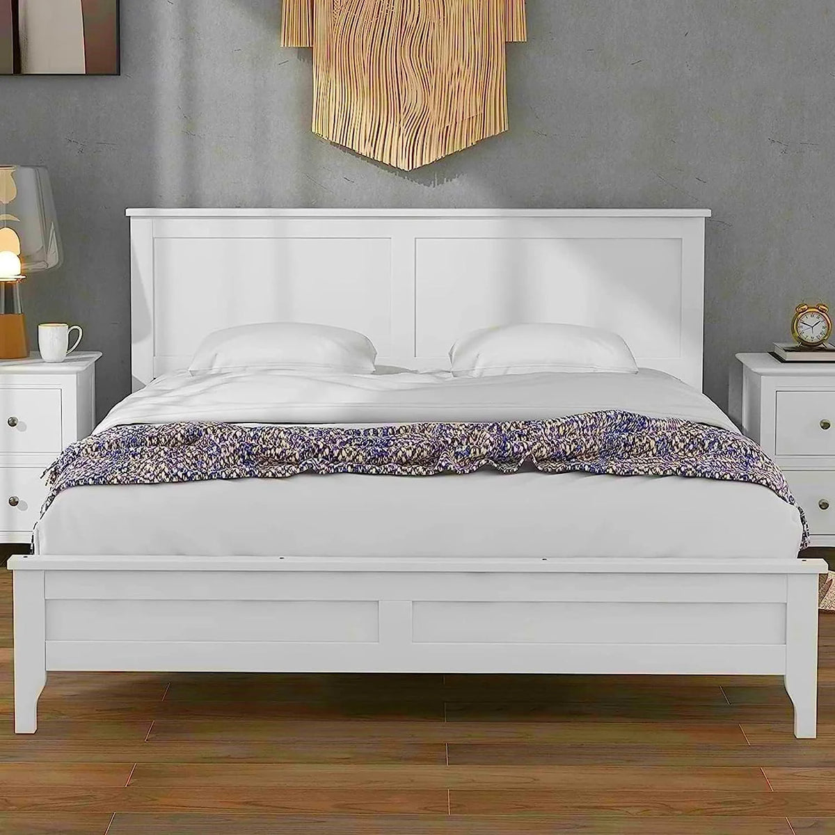 White Queen Size Platform Bed with Headboard D8691