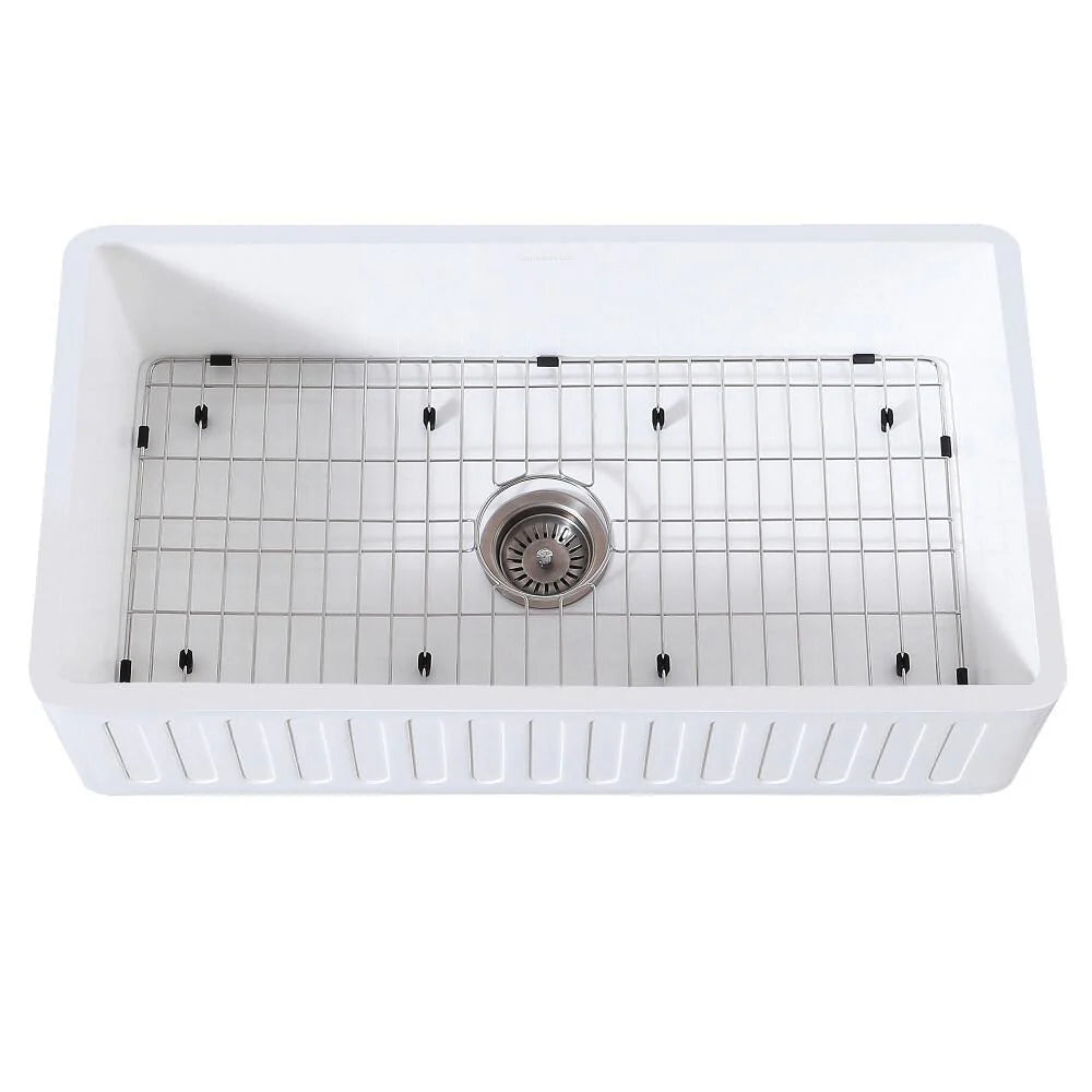 36 In. Farmhouse Kitchen Sink with Strainer and Grid, Matte White E5943