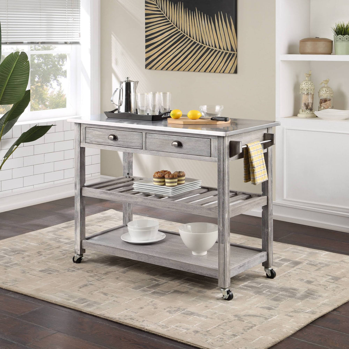 Storm Gray Wire-Brush Kitchen Cart with Stainless Steel Top U761