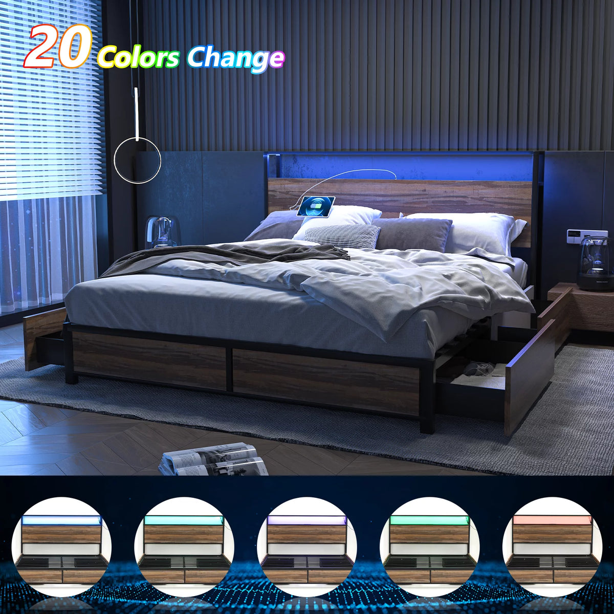 Queen Size LED Platform Bed Frame with 2 USB Ports and 4 Storage Drawers I82882