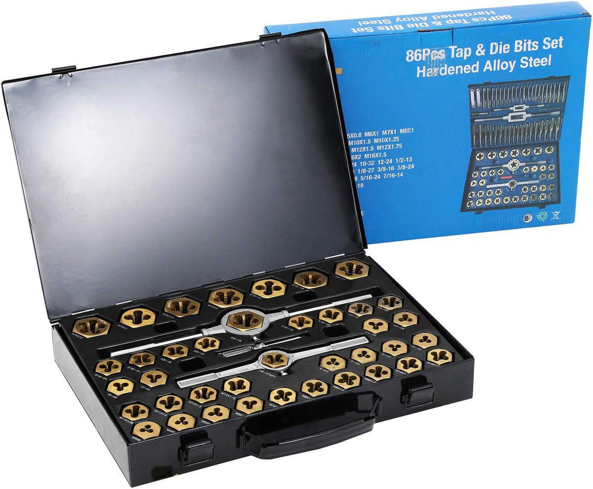 86 Piece Metric and SAE Standard Tap and Die Set with Metal Carrying Case L18970