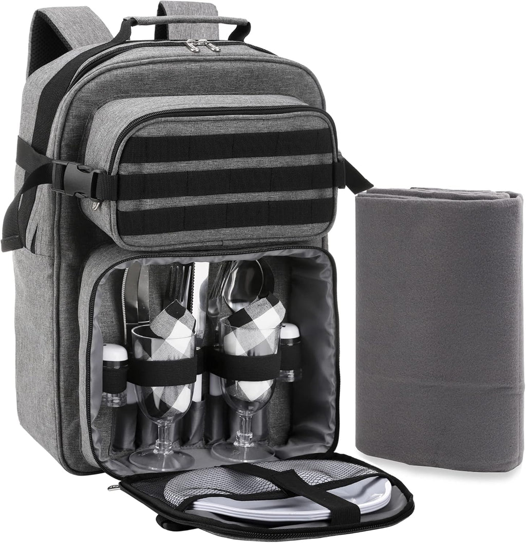 Picnic Backpack Cooler Bag for 2 Person Set with Insulated Compartment, Fleece Blanket, Cutlery Set N422
