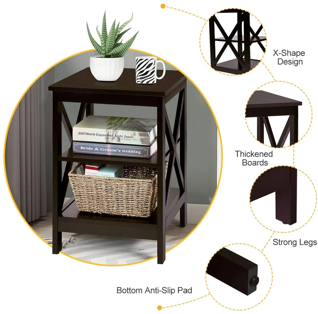 3-Tier Nightstand Set of 2 Wooden Side Table with Storage Shelf Y109