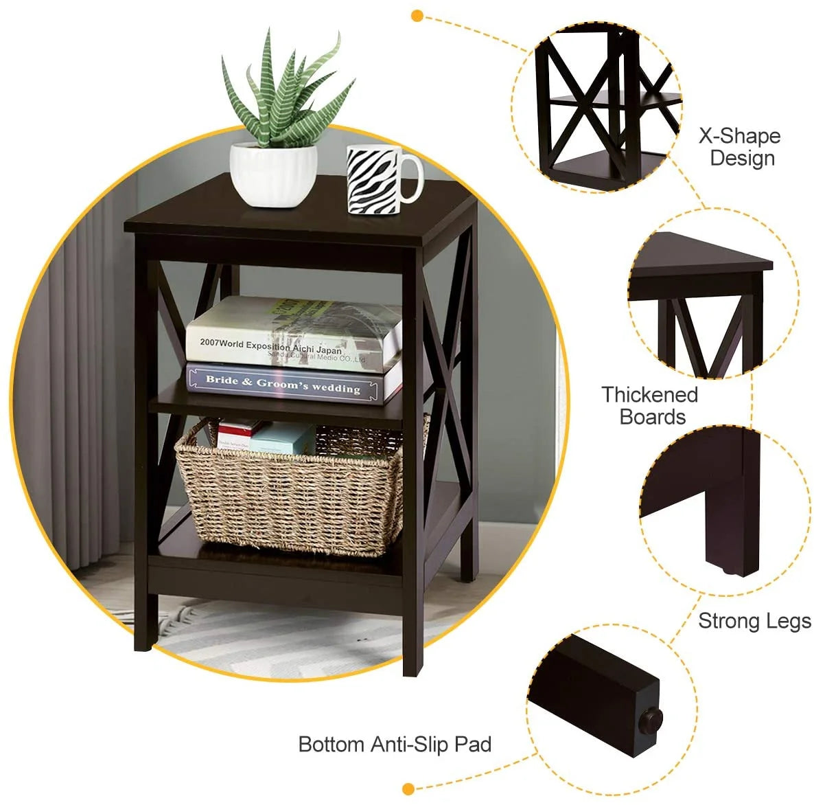 3-Tier Nightstand Set of 2 Wooden Side Table with Storage Shelf Y109