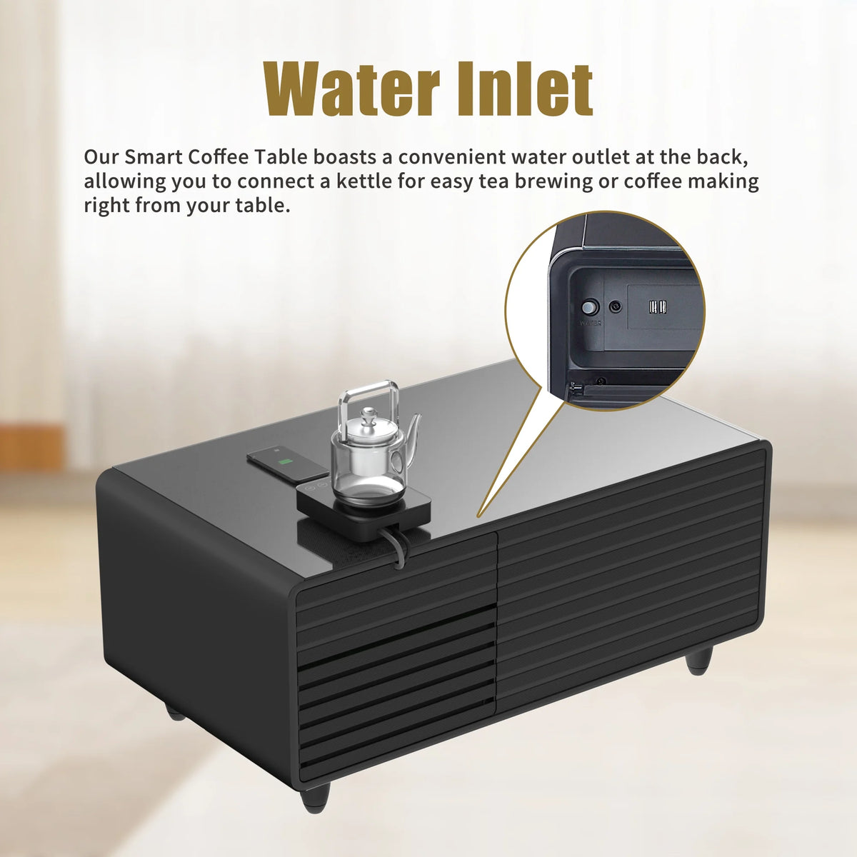 41.5" Smart Coffee Table with Fridge Drawers, Wireless Charging, USB Ports and Outlet, Black O640