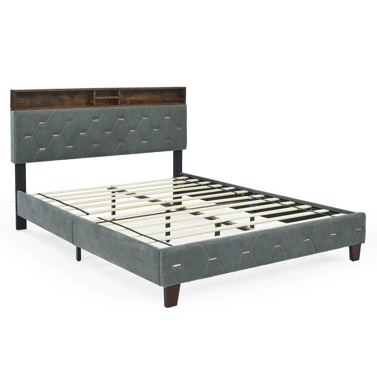Queen Size Upholstered Platform Bed with Shelf F665702