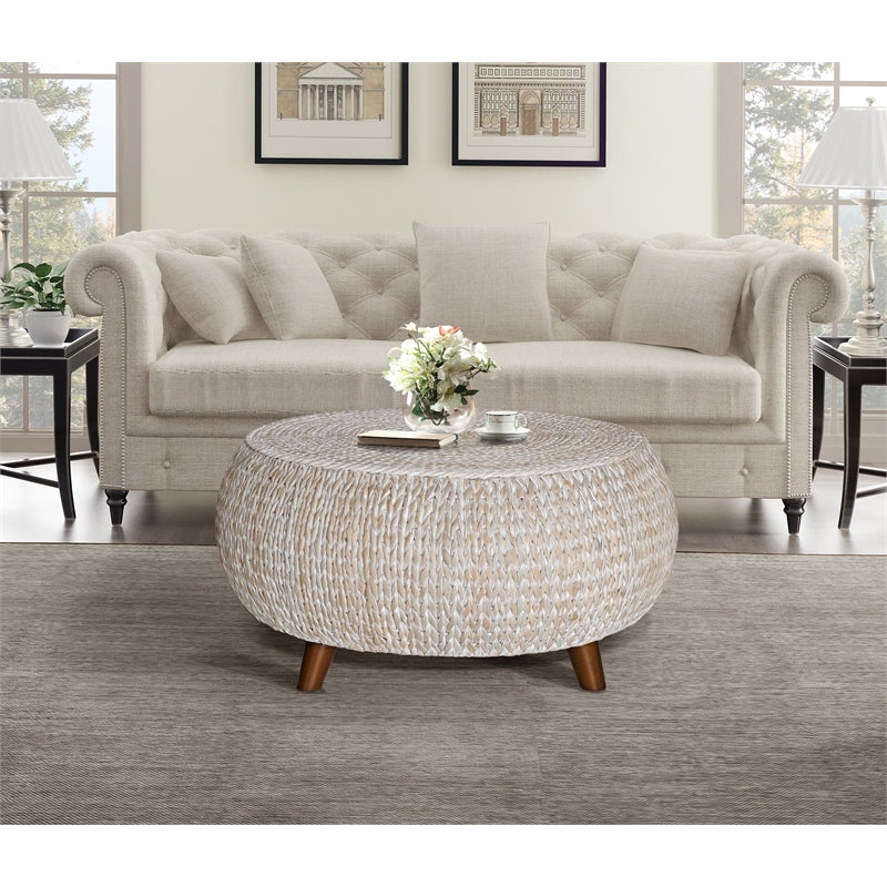 Low Round Wood Accent Table in Whitewashed A15161