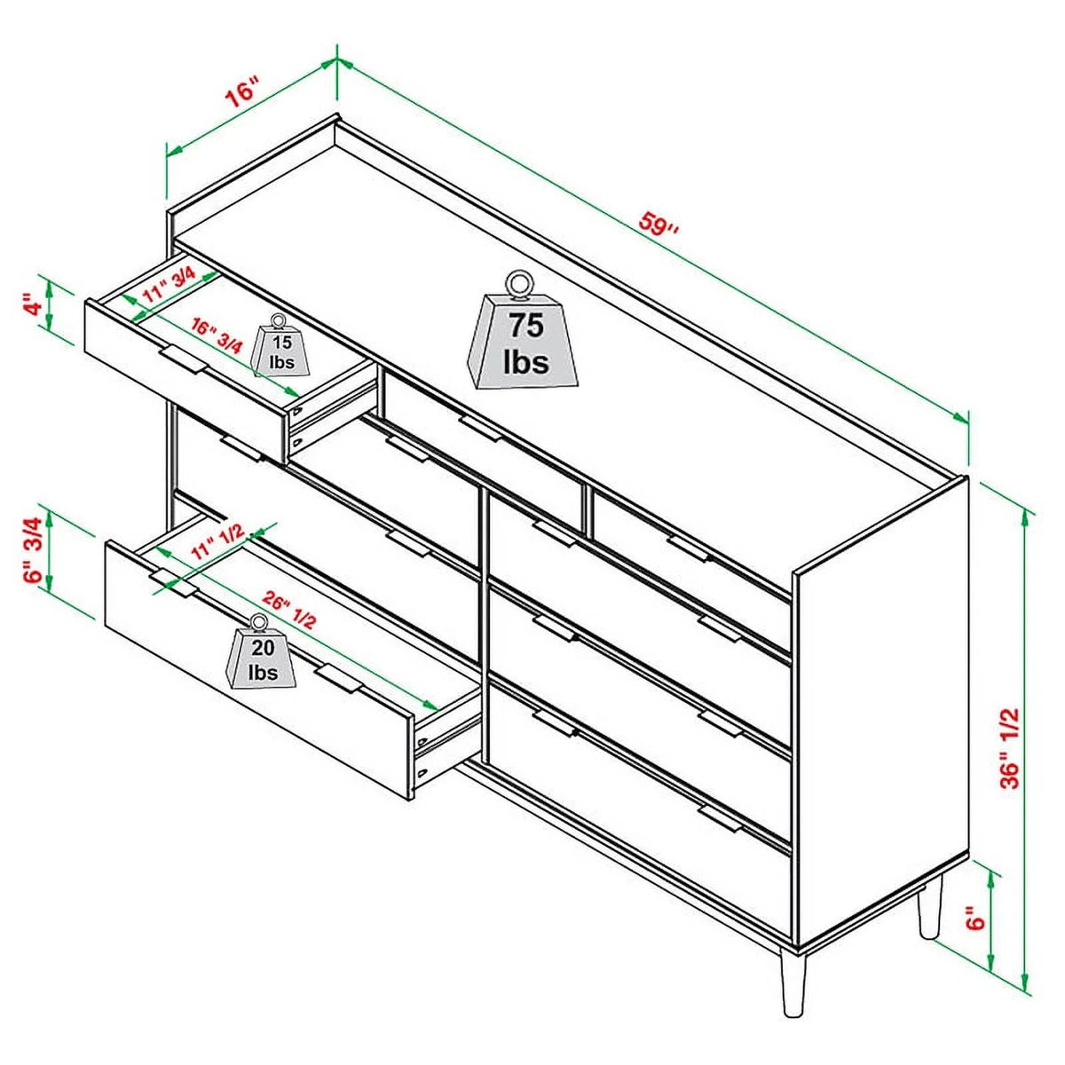 White 9 Drawer Solid Wood Dresser T683849