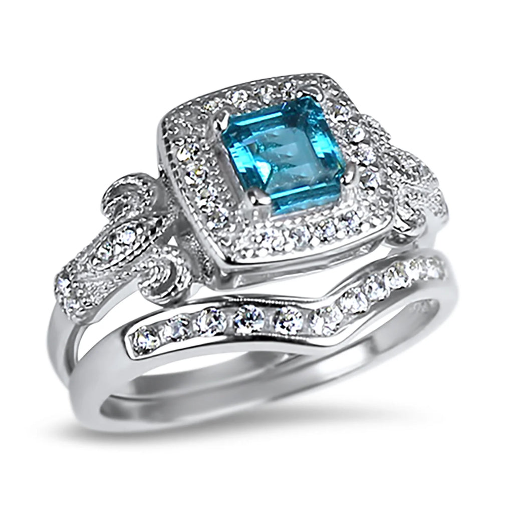 Vintage Blue Topaz Silver Wedding Engagement Ring Set Z793484