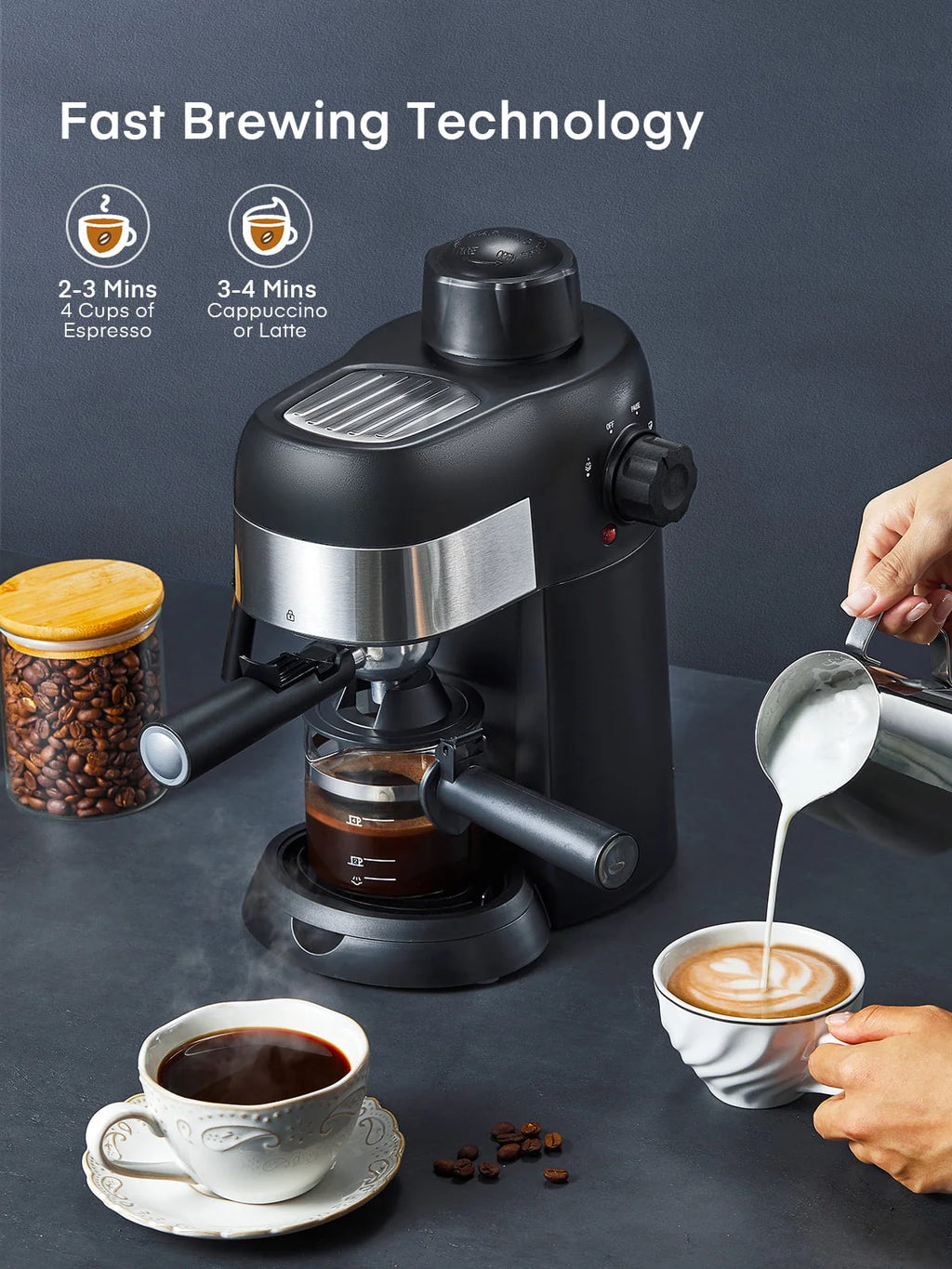 Black 3.5 Bar 4 Cup Steam Espresso Machine with Milk Frother P580