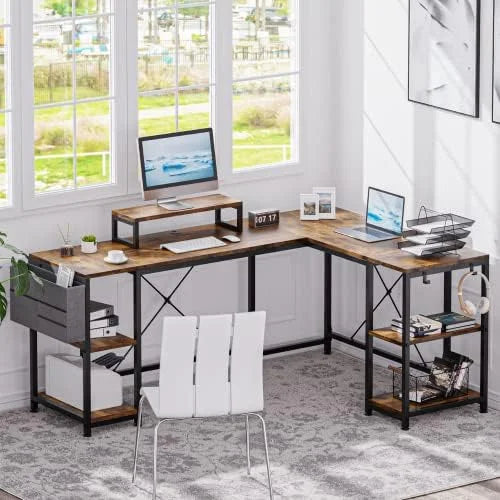 L Shaped Desk with Shelves Monitor Stand Bag Hooks Black Y960334