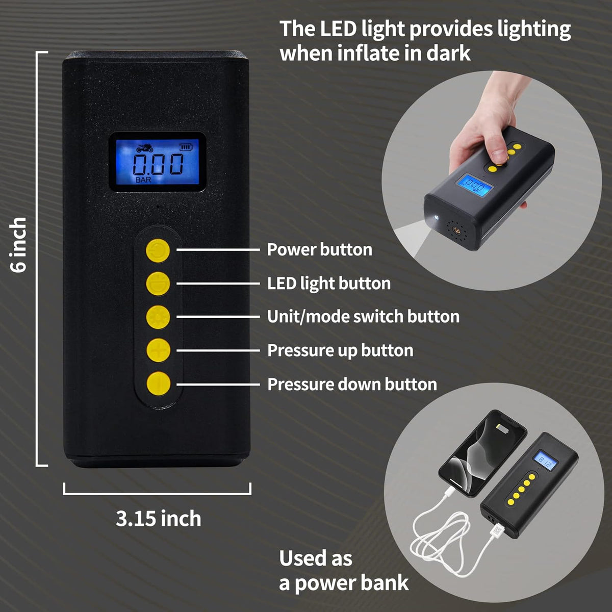 Portable Tire Inflator 150PSI Electric Tire Pump Rechargeable Air Compressor with LED Lights, Power Bank, Black Pack of 2 C758559