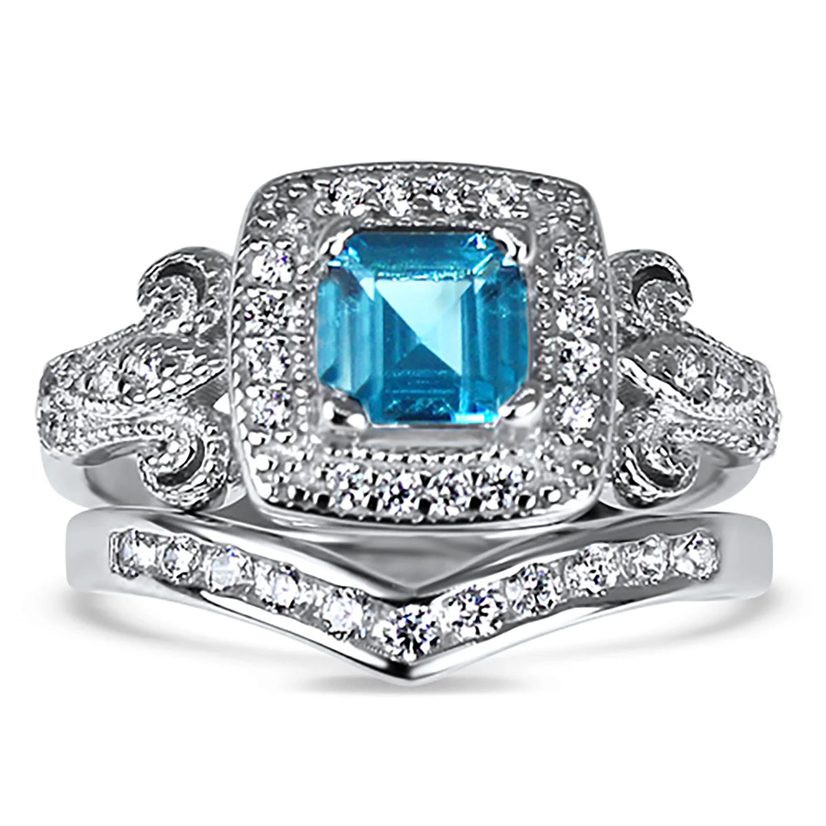 Vintage Blue Topaz Silver Wedding Engagement Ring Set Z793484