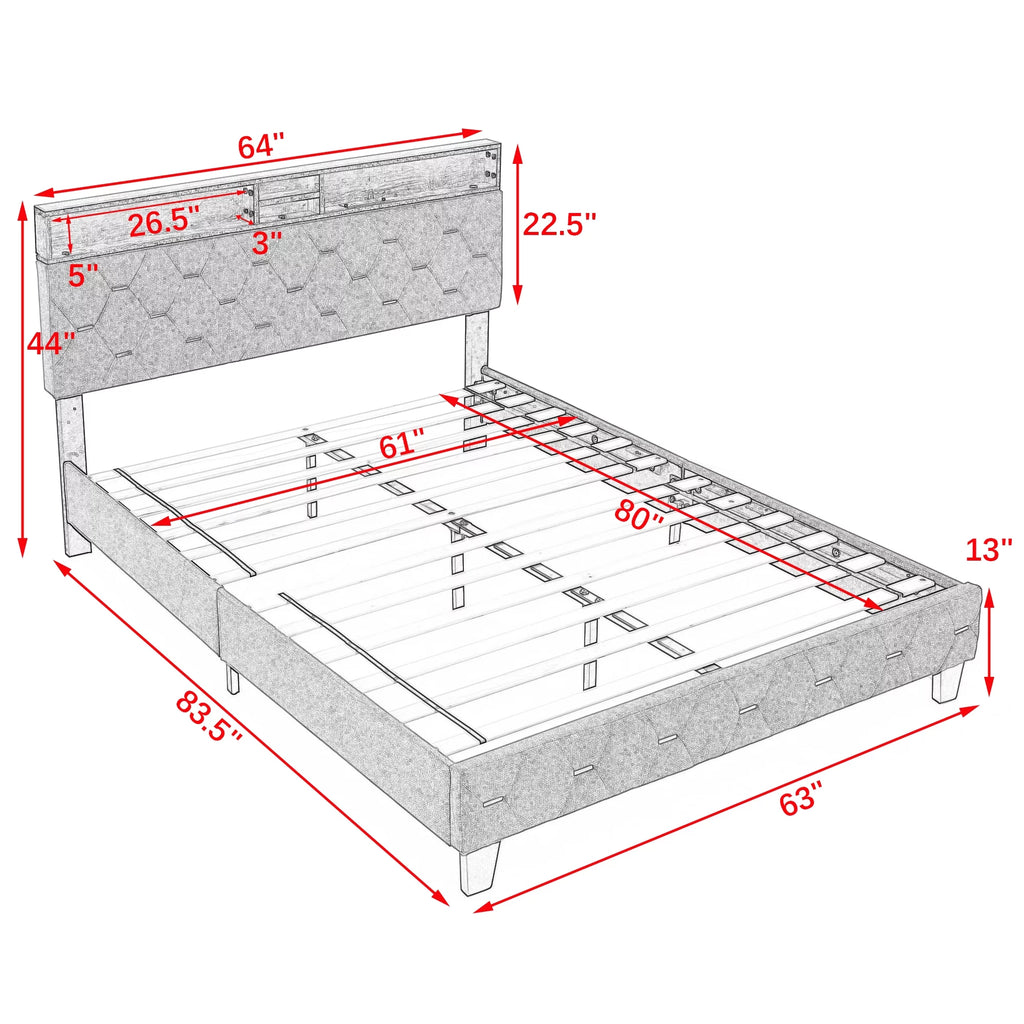 Queen Size Upholstered Platform Bed with Shelf F665702
