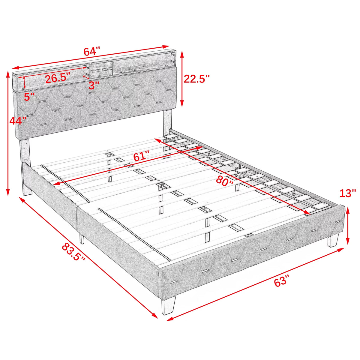 Queen Size Upholstered Platform Bed with Shelf F665702