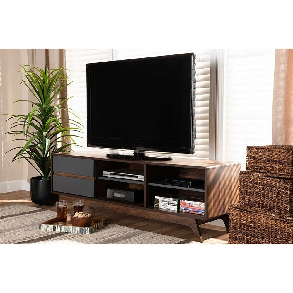 Grey and Walnut 2-Drawer Wood TV Stand Q13034