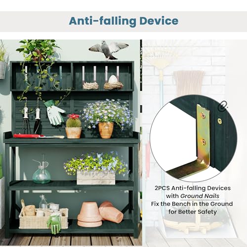 Green Wooden Potting Bench Table with Storage Shelves U86251