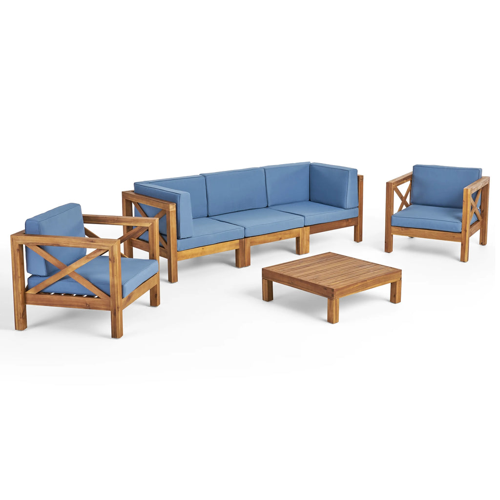 Teak and Blue Acacia Wood 5 Seater Sofa Chat Set O582766