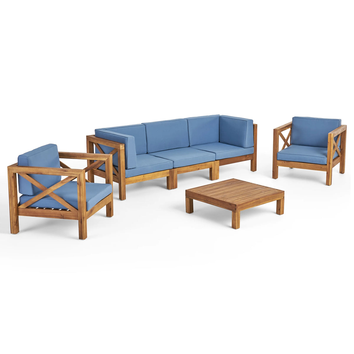 Teak and Blue Acacia Wood 5 Seater Sofa Chat Set O582766