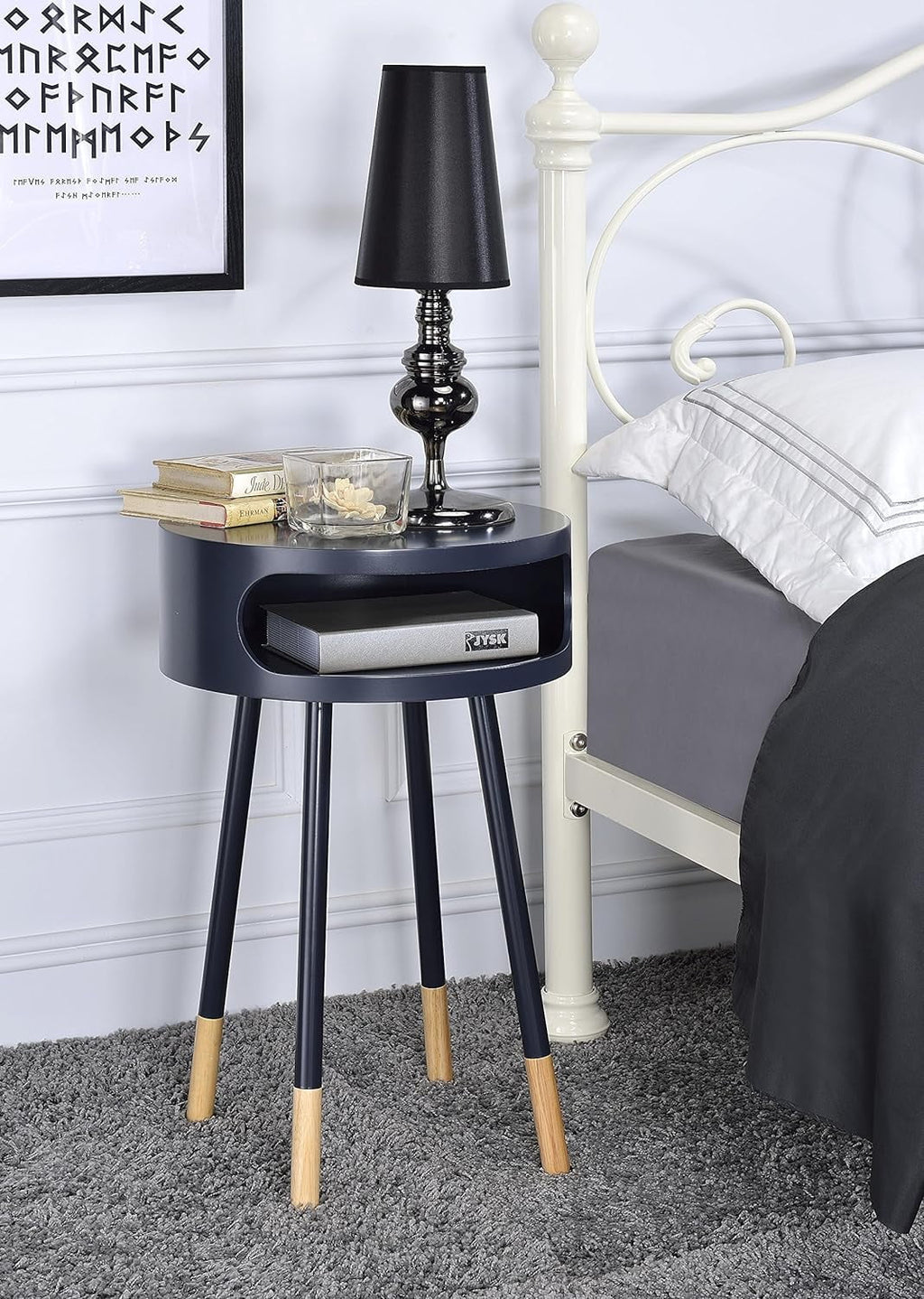 Black Natural Wood Round End Table V779