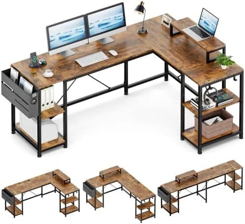 L Shaped Desk with Shelves Monitor Stand Bag Hooks Black Y960334