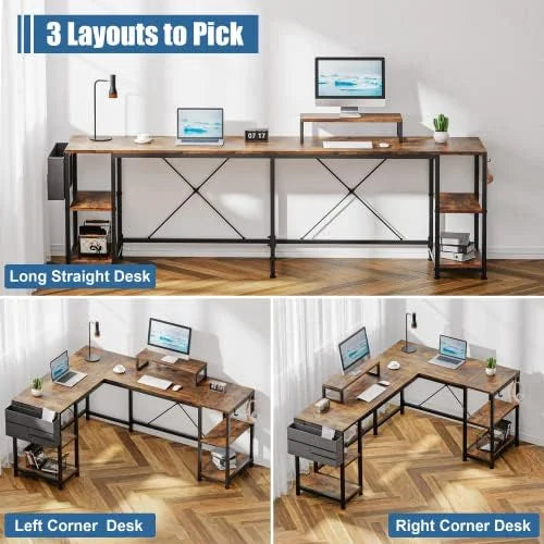 L Shaped Desk with Shelves Monitor Stand Bag Hooks Black Y960334