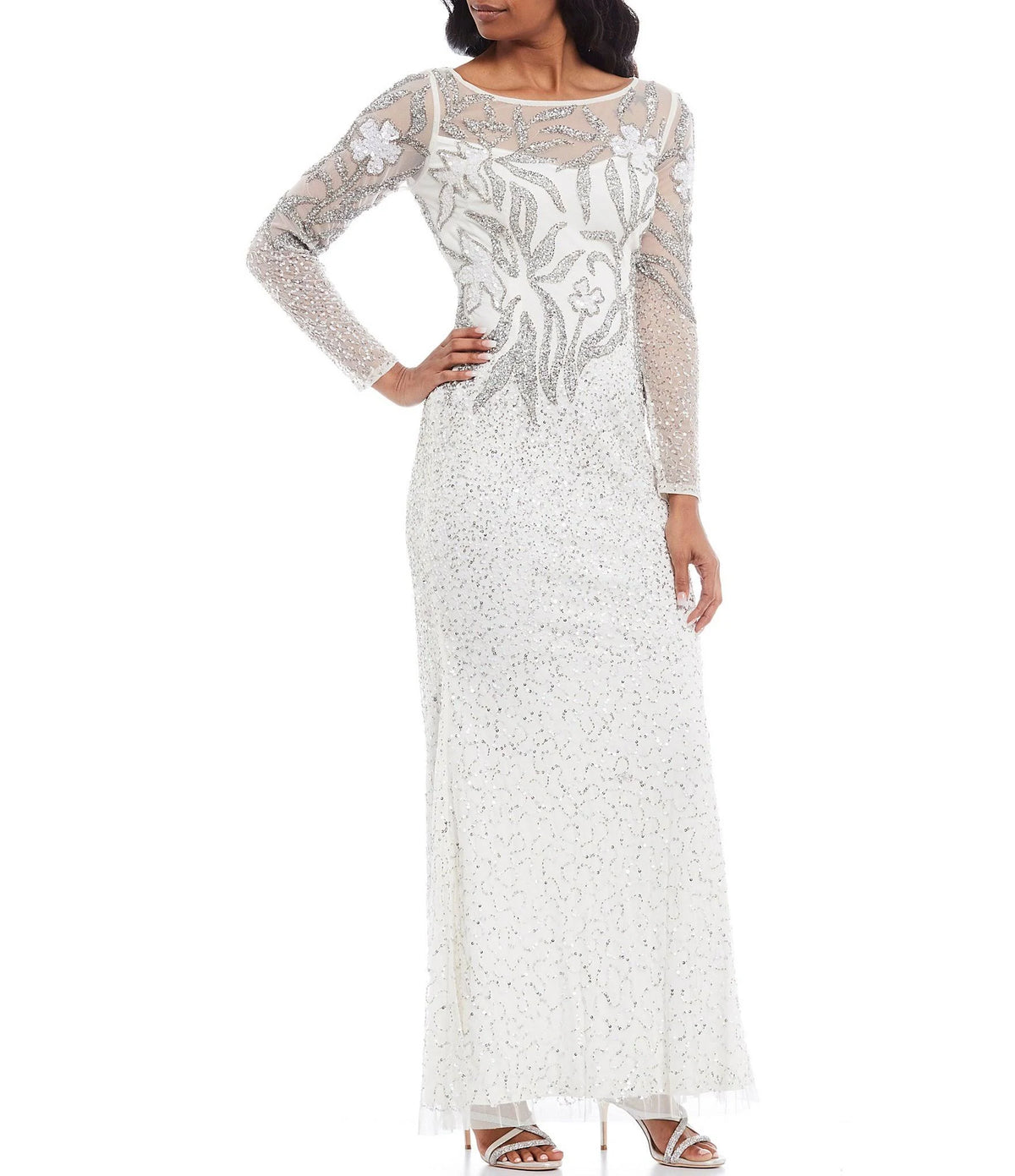 Embellished Illusion Gown - Ivory/Silver K70205