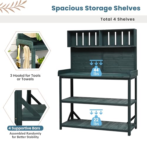 Green Wooden Potting Bench Table with Storage Shelves U86251