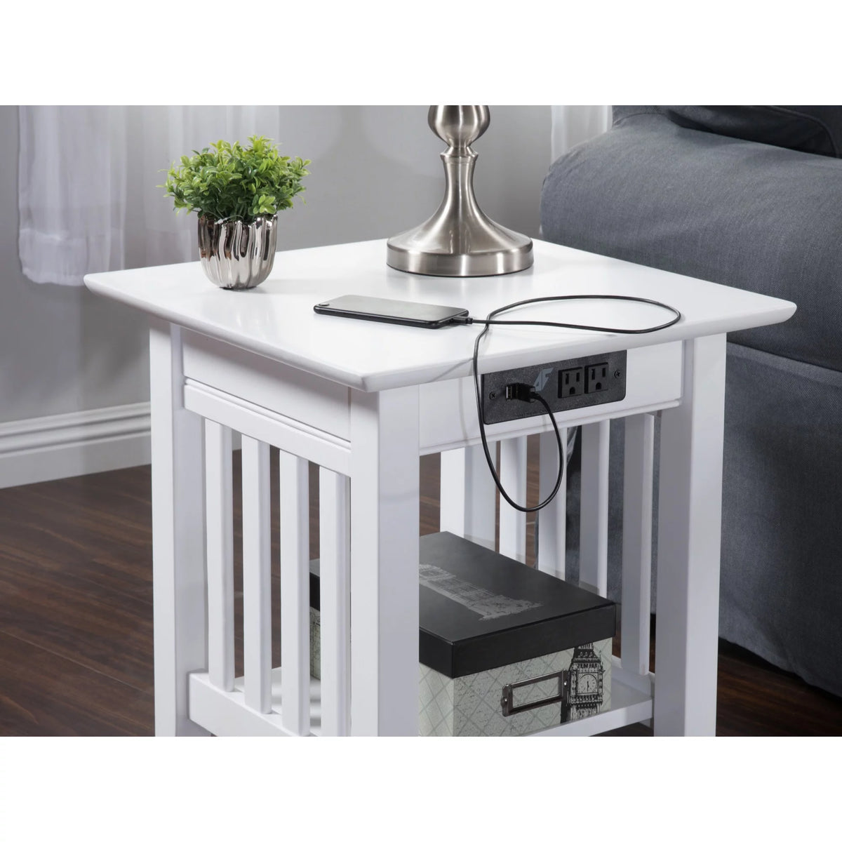 Solid Hardwood End Table with USB Charger Set of 2 White K31799