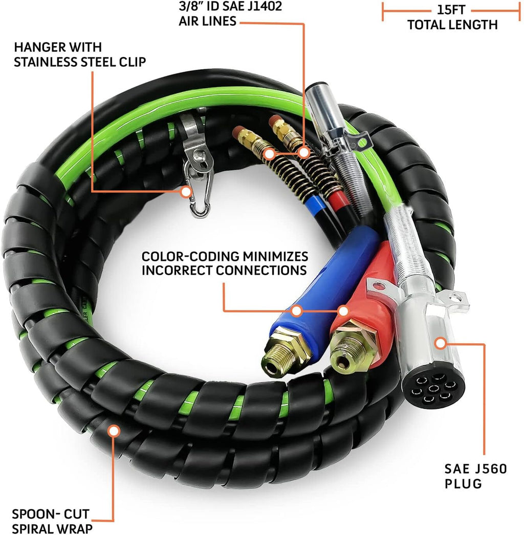 3-in-1 Air Line Hose and ABS 7 Way Electrical Assemblies for Truck (12 foot) V215