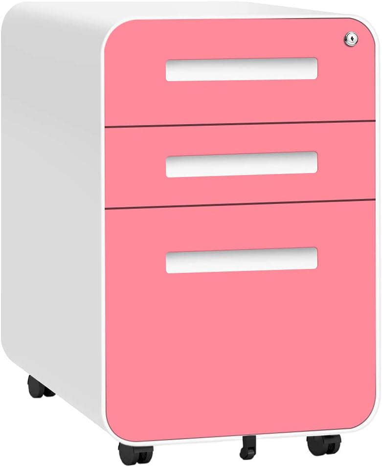 Pink 3 Drawer Rolling File Cabinet with Lock and Wheels, Metal Steel Frame K9563