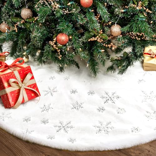 Christmas Tree Skirt 36 Inch Plush Gold Sequin Snowflake V619