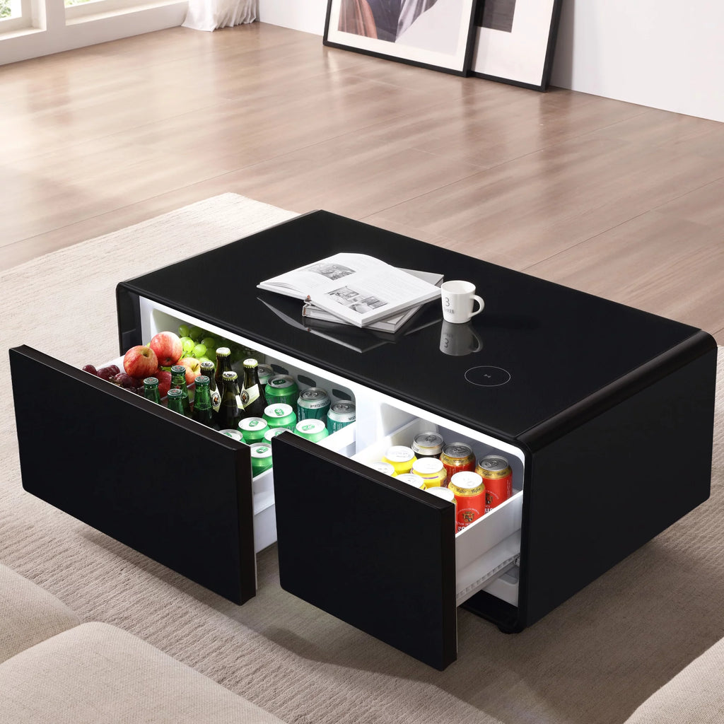 41.5" Smart Coffee Table with Fridge Drawers, Wireless Charging, USB Ports and Outlet, Black O640