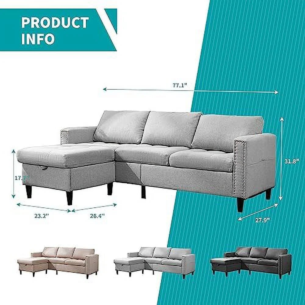 Reversible 3 Seat L Shaped Sectional Sofa Bed with Ottoman Chaise Beige H340