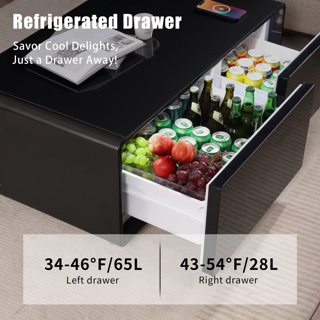 41.5" Smart Coffee Table with Fridge Drawers, Wireless Charging, USB Ports and Outlet, Black O640