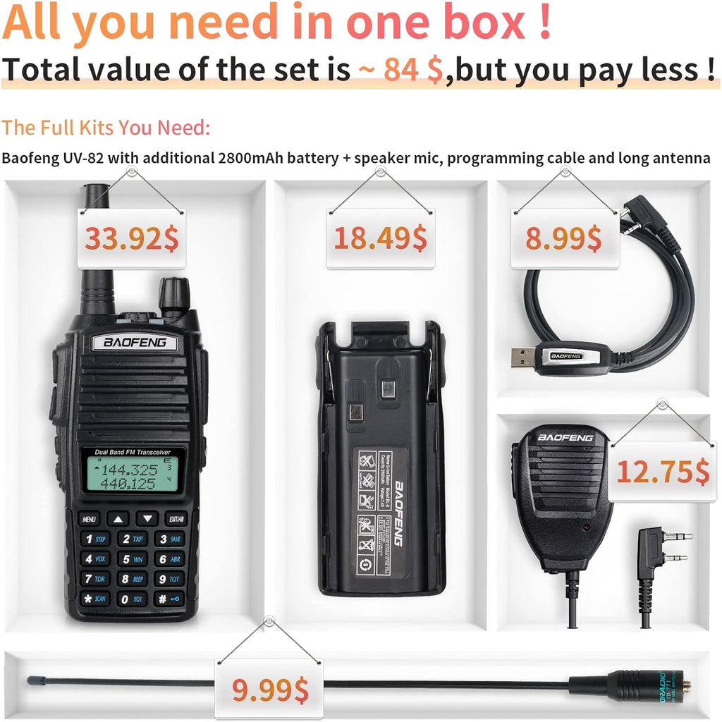 UV-82 High Power Portable 2 Way Radio with Extra 2800mAh Battery Full Kits (1 Pack-Black) B200