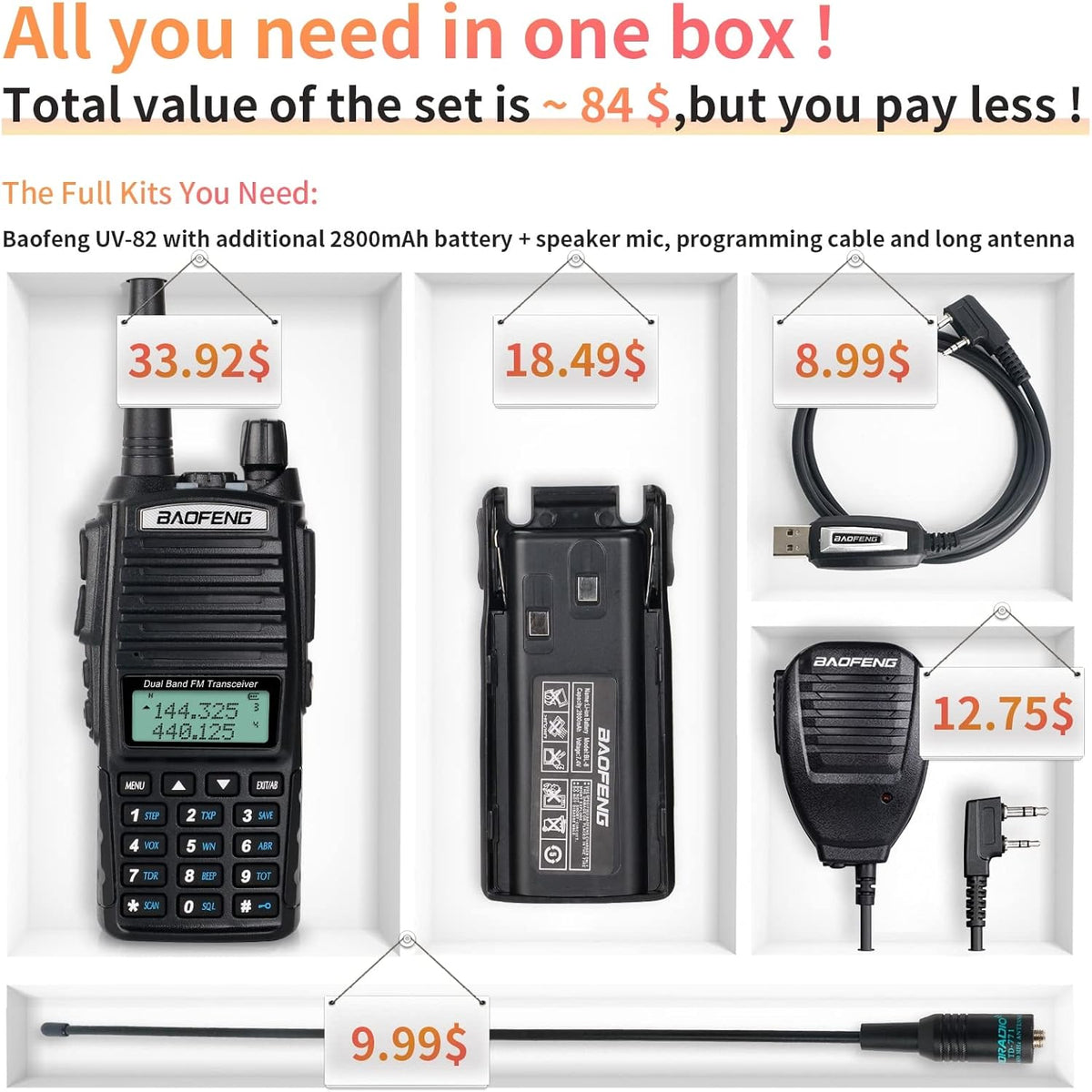 UV-82 High Power Portable 2 Way Radio with Extra 2800mAh Battery Full Kits (1 Pack-Black) B200