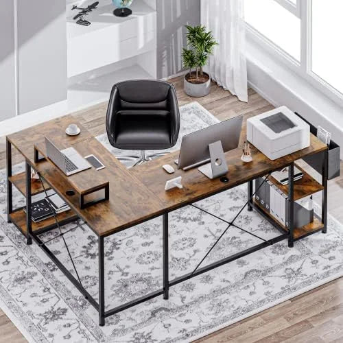 L Shaped Desk with Shelves Monitor Stand Bag Hooks Black Y960334