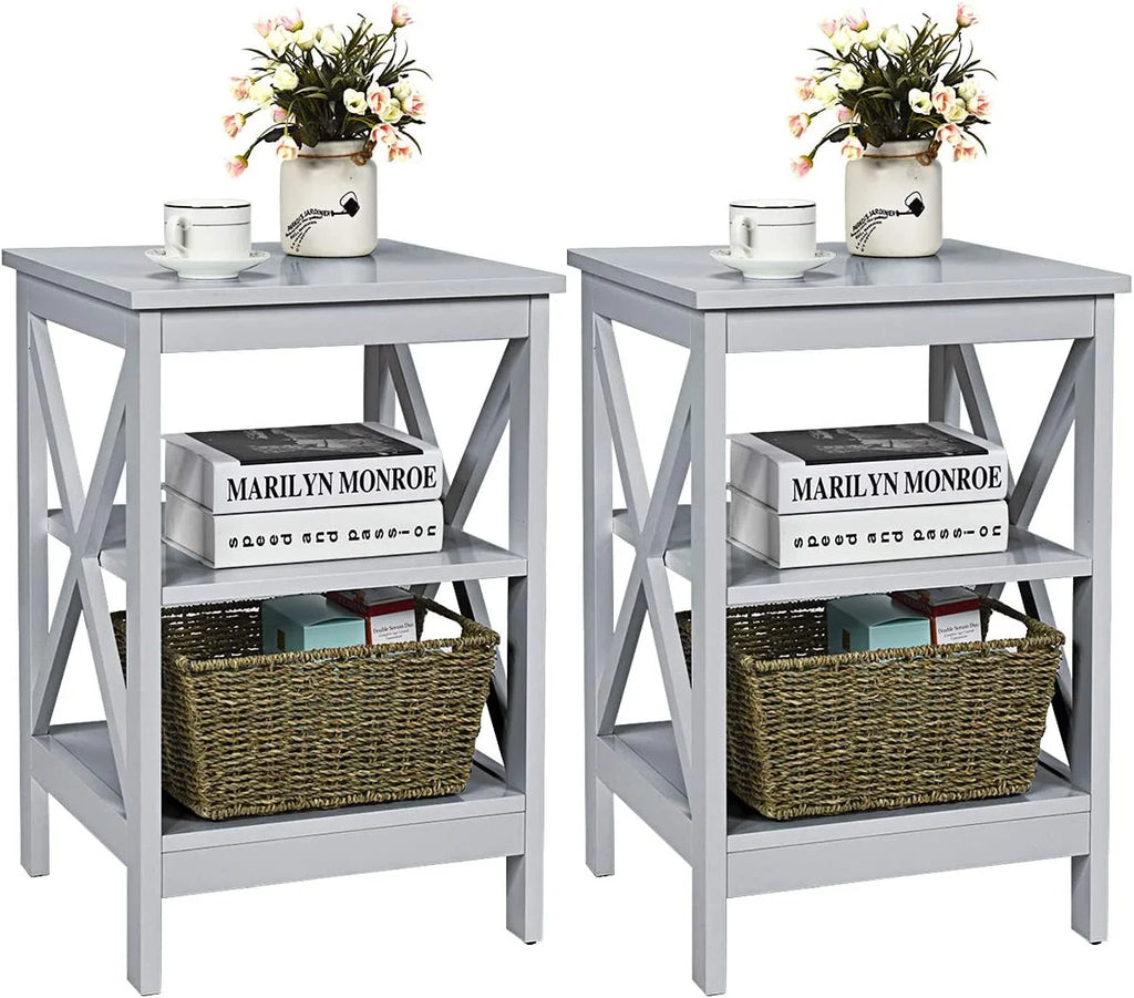 3-Tier Nightstand Set of 2 Wooden Side Table with Storage Shelf Y109