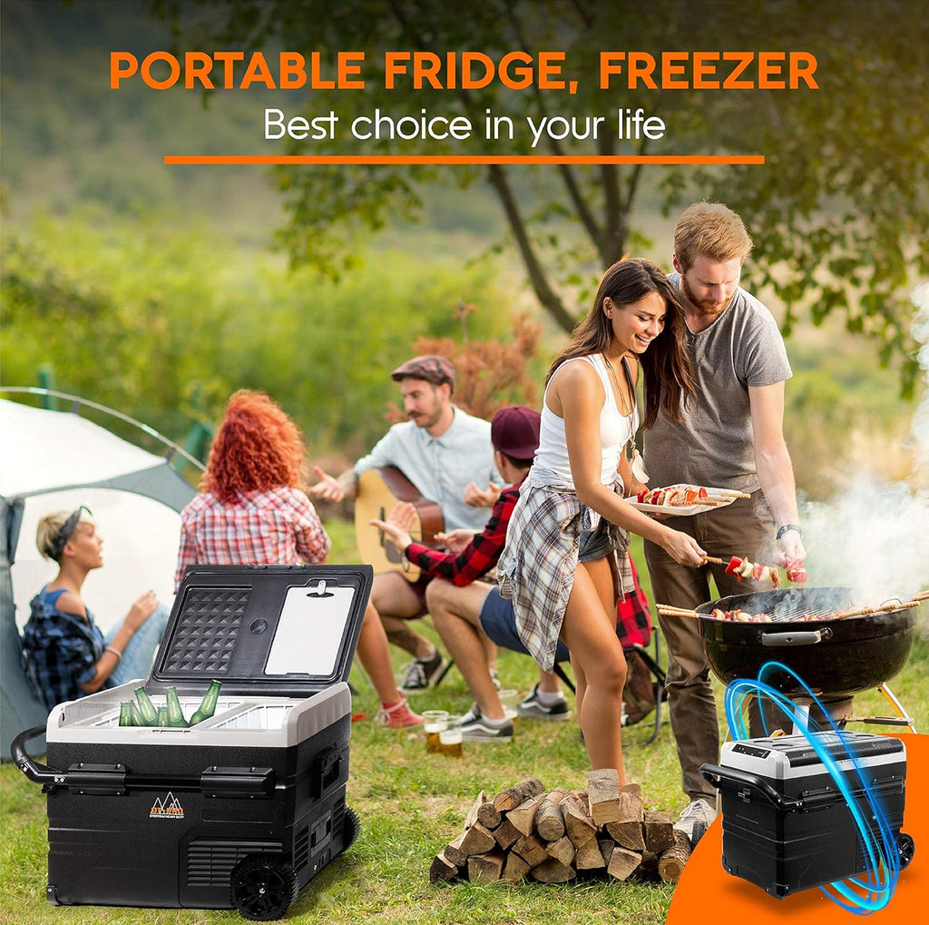 Portable Battery Operated Camping Fridge with Wheels, Dual Zone Freezer F573