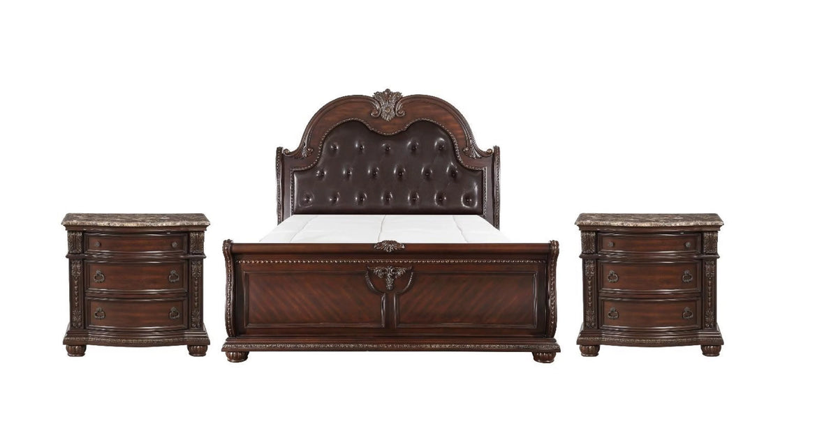Brown Cherry Finish Queen Size Bed and Nightstands Y7653
